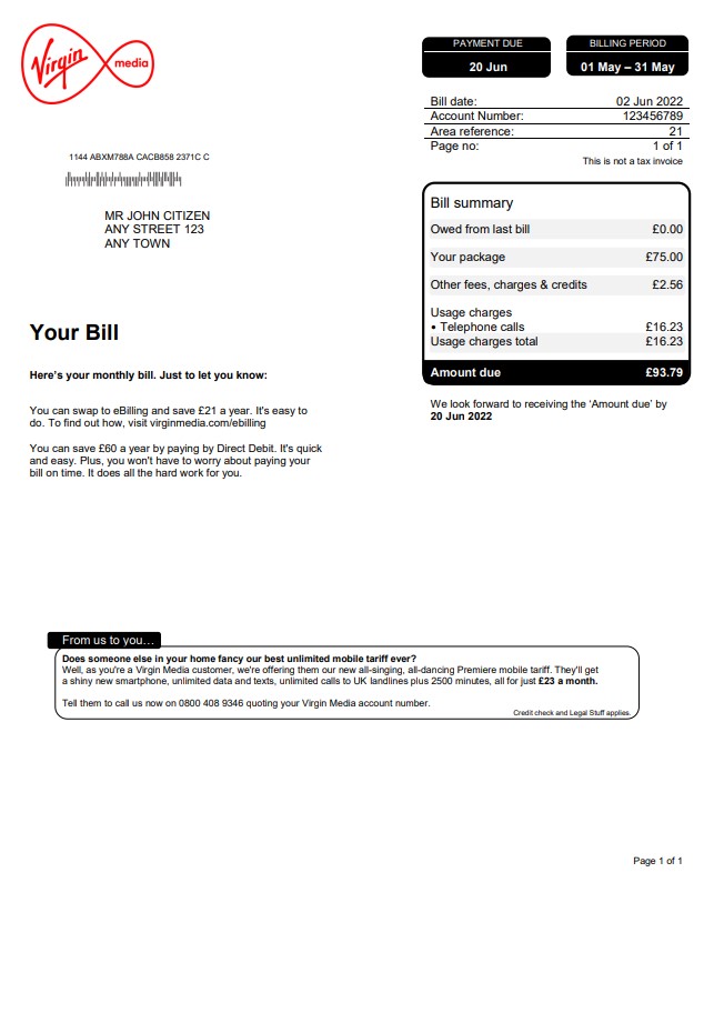United Kingdom Virgin Media utility bill, Word and PDF template